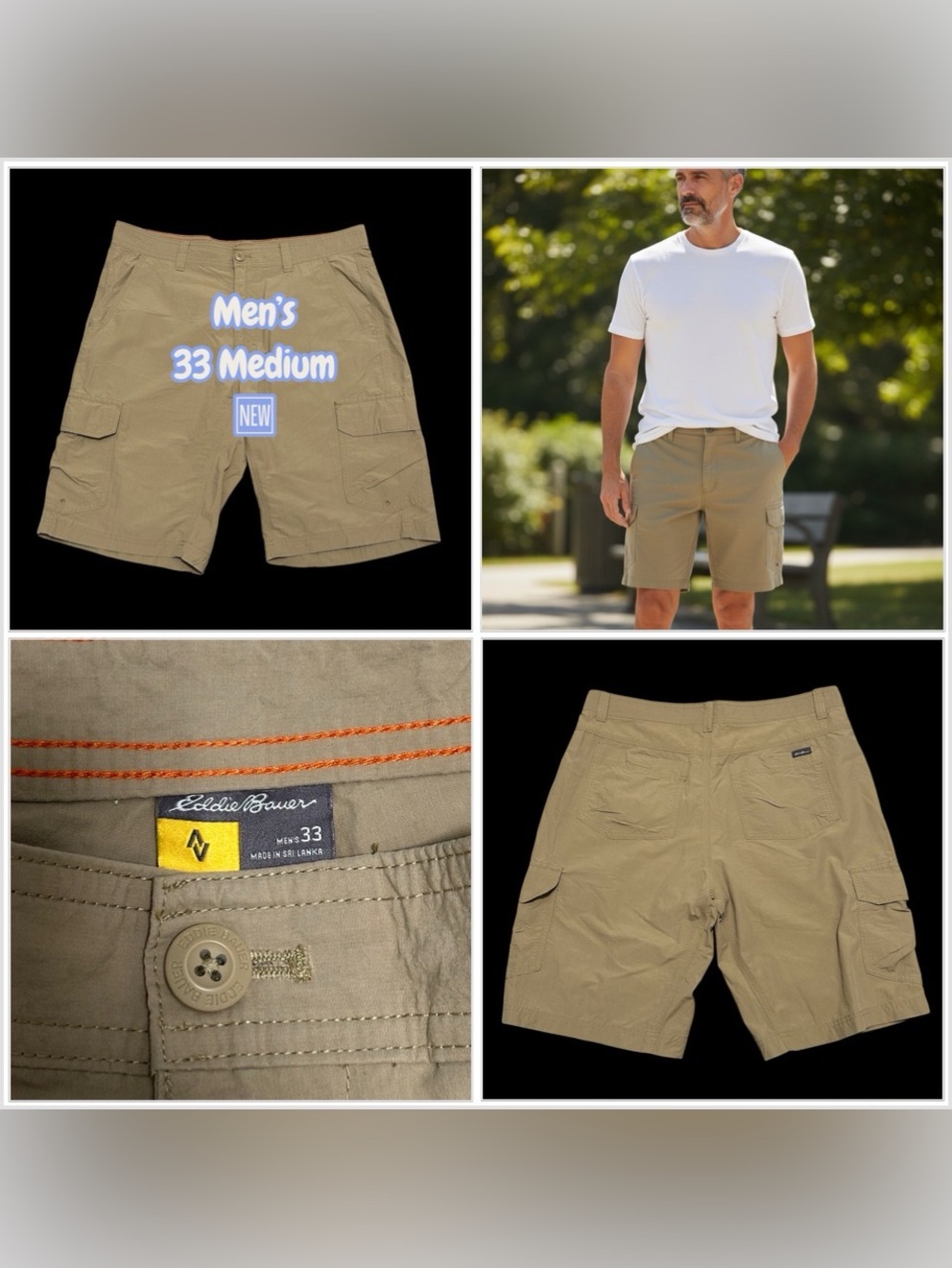 Men's Eddie Bauer 33 Medium Golf Shorts Khaki Cargo Khakis Chino Cotton 6 Pocket